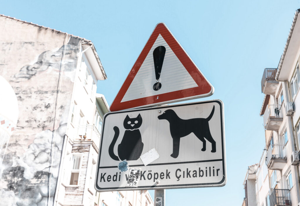 Warnschild in der Türkei: 'Kedi ve Köpek Çıkabilir' (Katzen und Hunde könnten die Straße kreuzen).